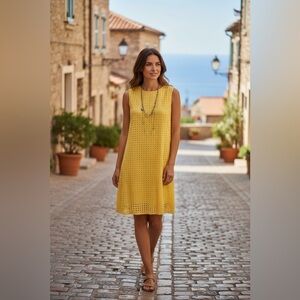 DESIGNER Alfred Sung Yellow Eyelet Summer Shift Dress